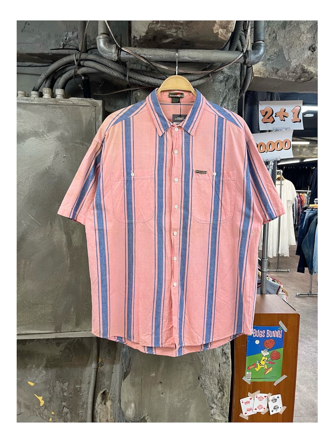 빈티지 스트라이프 포켓 반팔 셔츠 핑크 XL #csz4082 상품이미지1