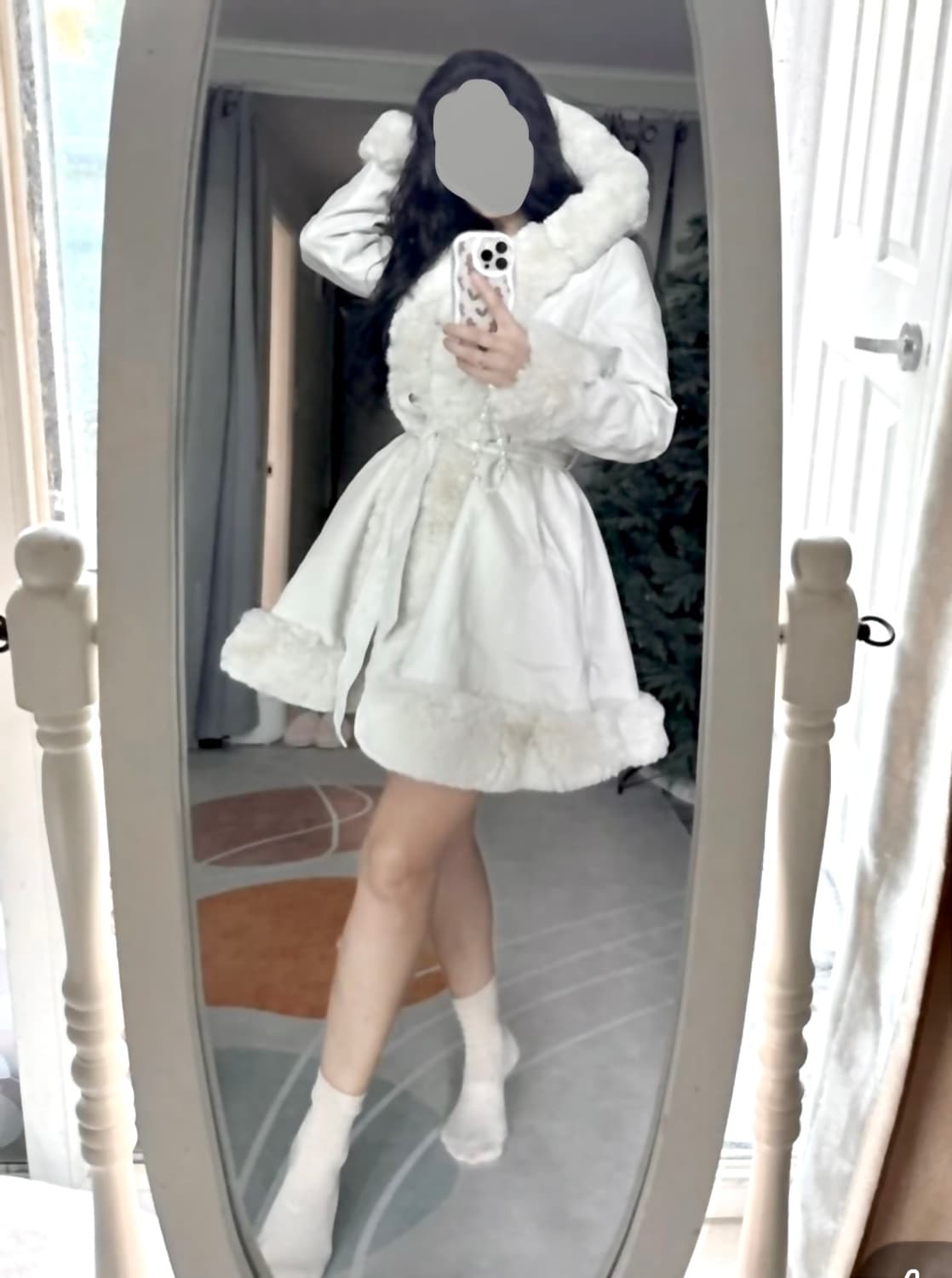 Y2k 갸루 아이보리 퍼 가죽 플레어 코트 상품이미지6