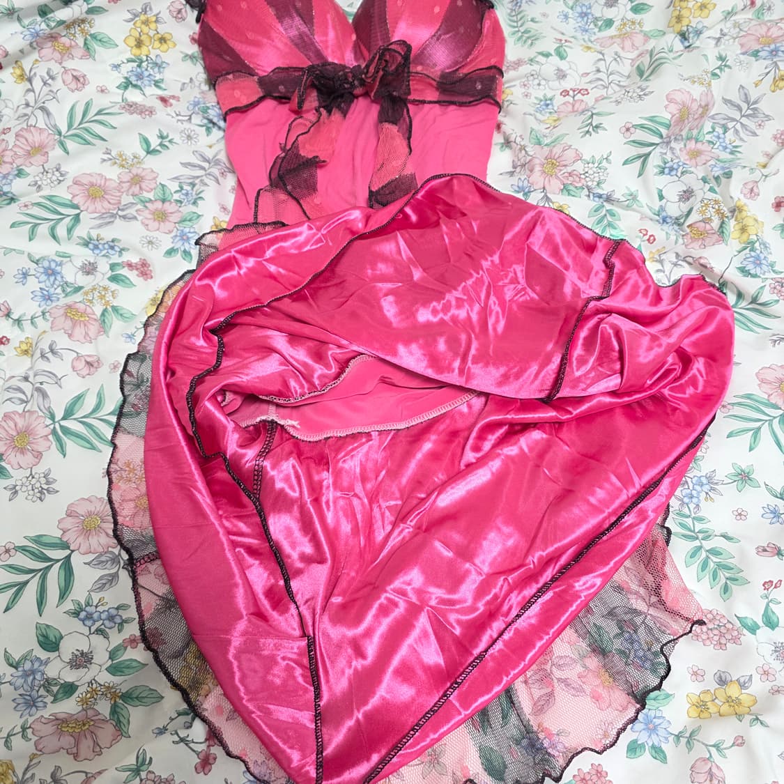 일본빈티지)마즈깔 블랙x핑크 오네갸루st 헤이세이 바비 도트 레이스원피스 상품이미지6