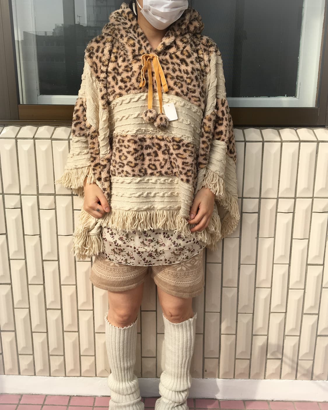 Leopard pattern mixed knit hood cape 상품이미지1