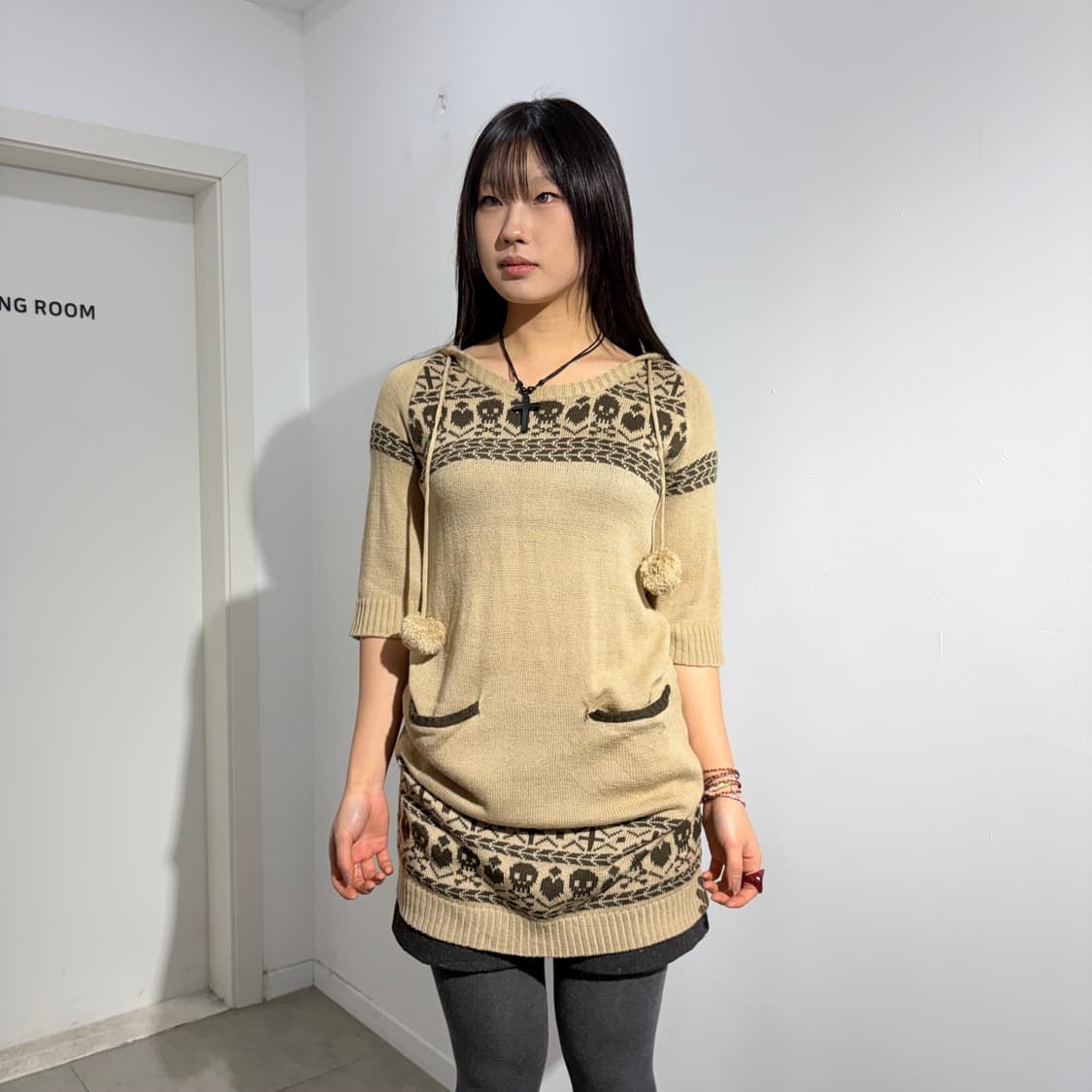 Je voudrais 해골 스컬 하트 폼폼이 갸루 초코브라운 후드원피스  상품이미지1