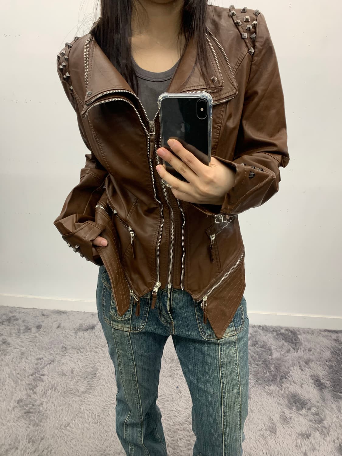 브라운 레쟈 절개 커팅 라이더 자켓 상품이미지1