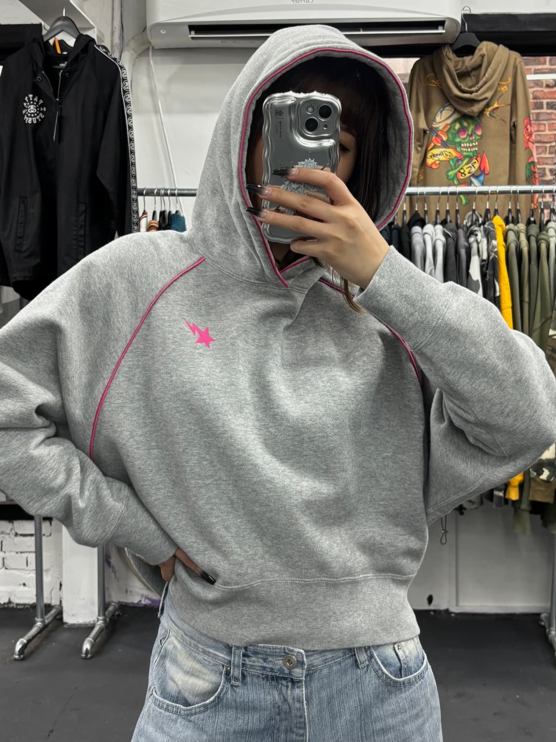 베이프 스타 빅로고 그레이 핑크 후드티 상품이미지2