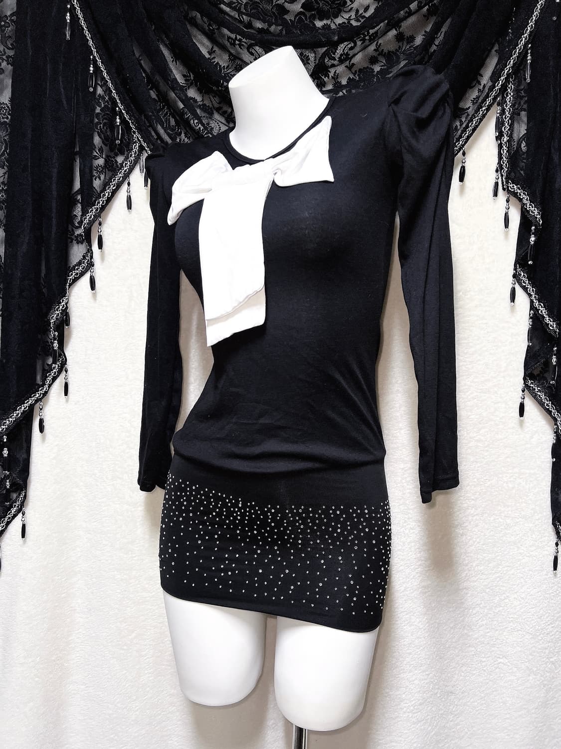 로맨틱고딕 고스 오네갸루 히메 왕리본 퍼프숄더 미니원피스 섹시 연말 파티 상품이미지6