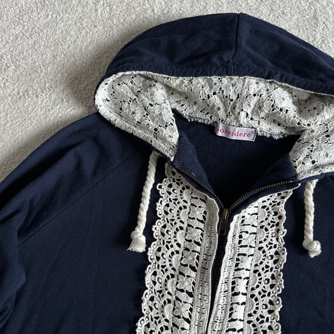 일본빈티지 sorridere 네이비 레이스포인트 후드집업 상품이미지2