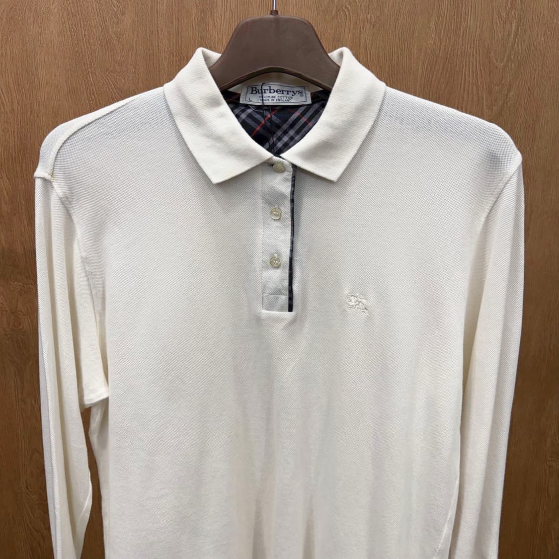 버버리 코튼 PK 긴팔 티셔츠 로고 자수 체크 배색 안감 디테일 화이트 상품이미지4