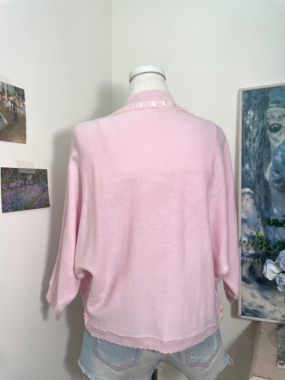 pink lace trim open cardigan&lace sleeve 상품이미지4