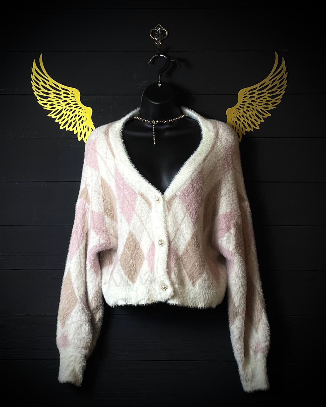 CHIP CLIP 칩 클립 앙고라 퍼 아가일 패턴 딸기초코 핑크 가디건 상품이미지1