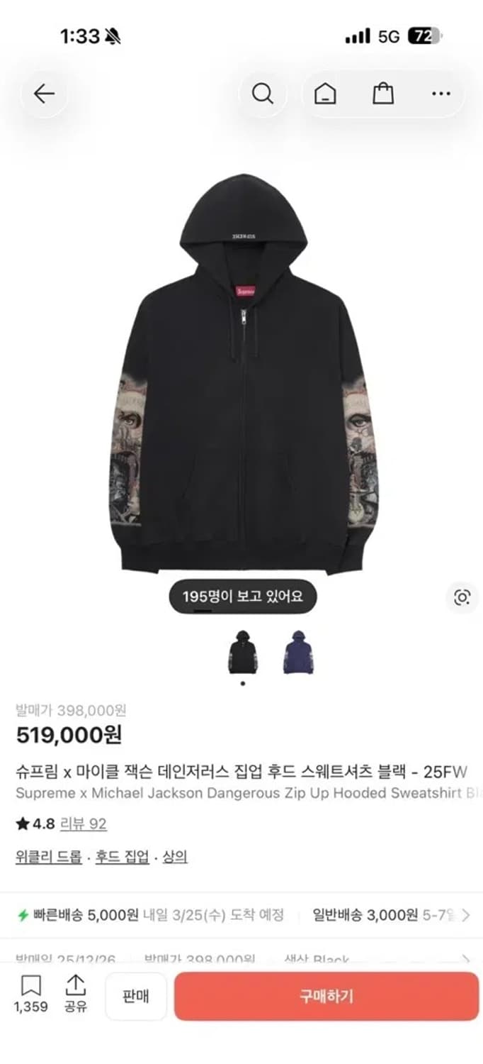 슈프림 x 마이클 잭슨 데인저러스 집업 후드 스웨트셔츠 블랙 상품이미지1