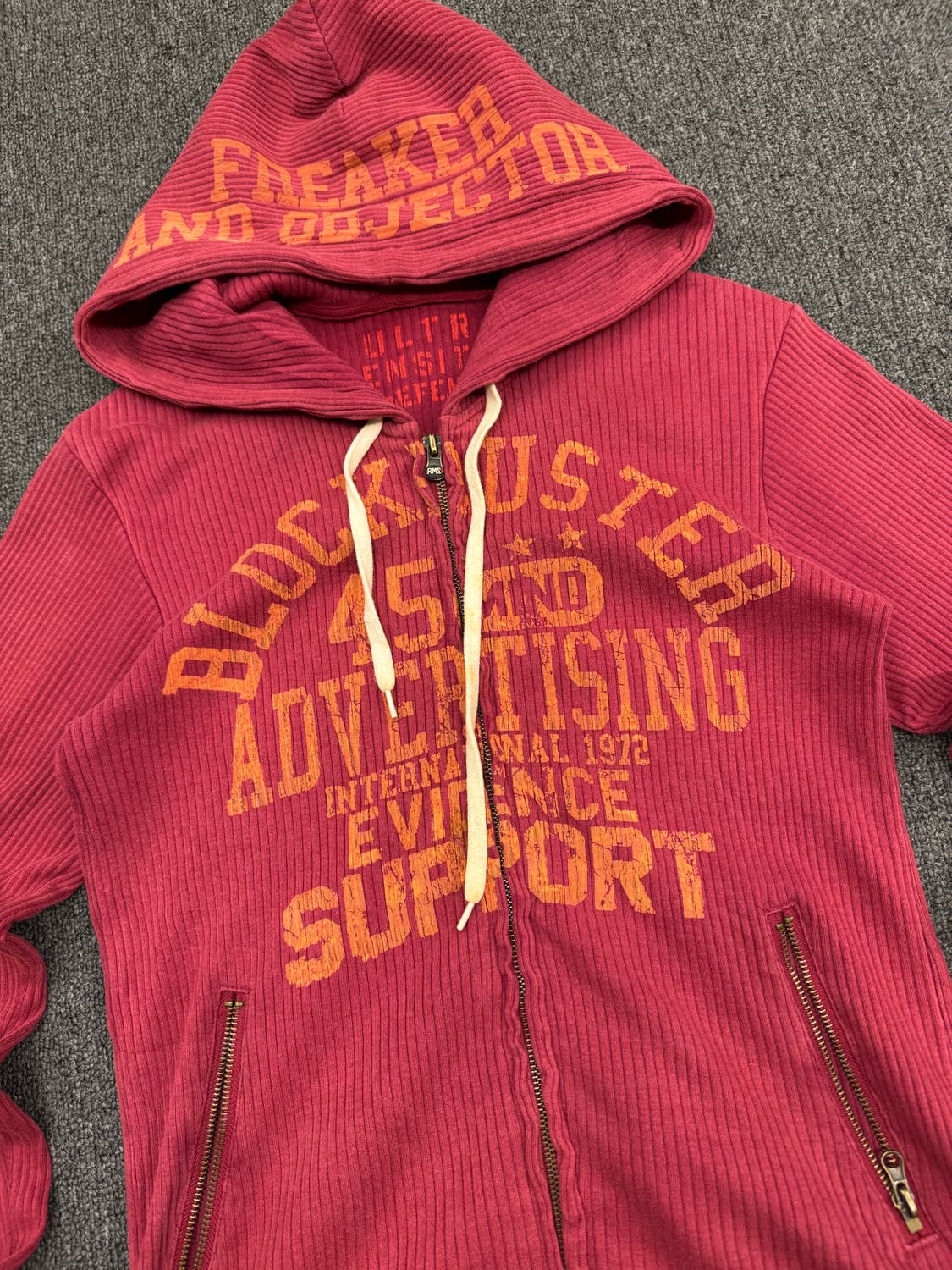 M)Real masters 빈티지 y2k 골지 프린팅 버건디 후드 집업 상품이미지2