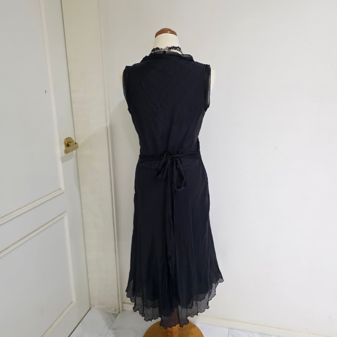 일본x유럽 빈티지)블랙 쉬폰 레이스 플리츠 고딕 셔링 새틴로맨틱 롱원피스 상품이미지2