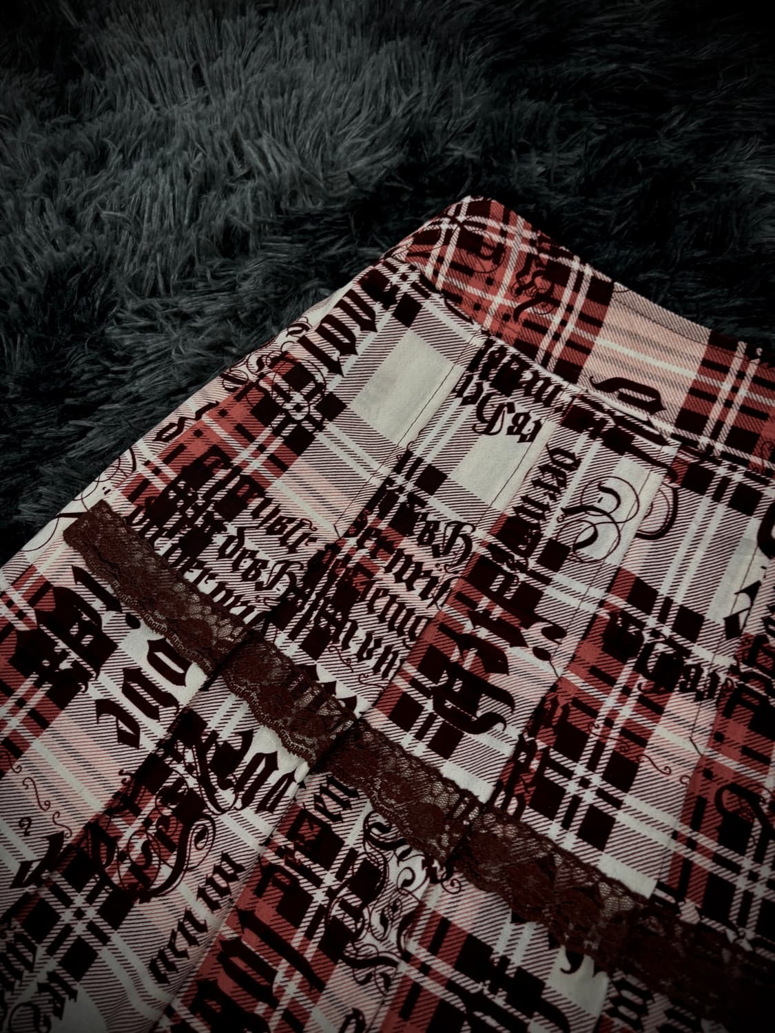 레드 체크 레터링 펑크 레이스플리츠 스커트 상품이미지6