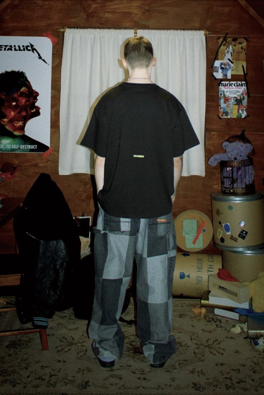 이알에스코 자카드 패치워크 더블니 팬츠 1 블랙 상품이미지2