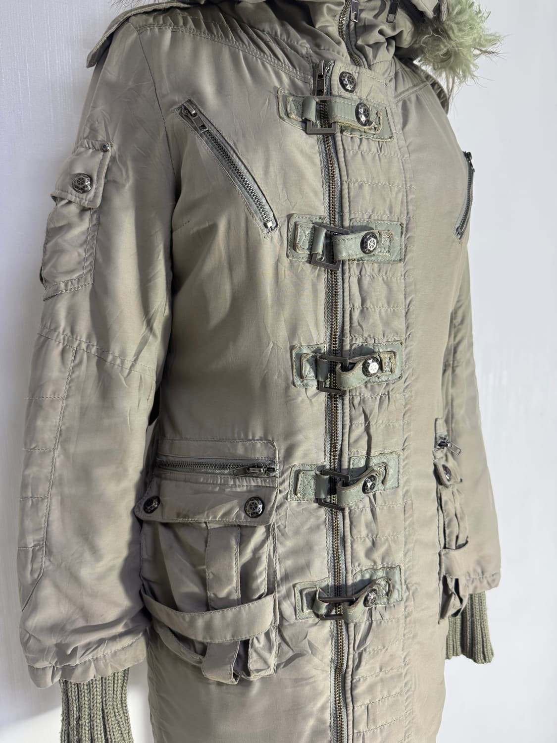 Sly 퍼 트리밍 밀리터리 벨티드 롱 파카 y2k vkei lgb goa 상품이미지7