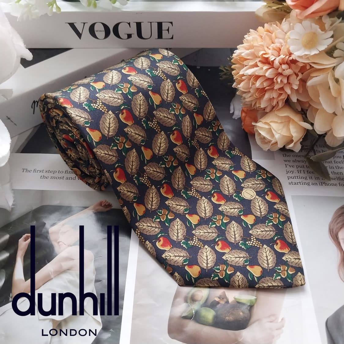 던힐 실크 다크네이비 과일 모티브 넥타이 9.9cm A+등급 K2195 상품이미지2