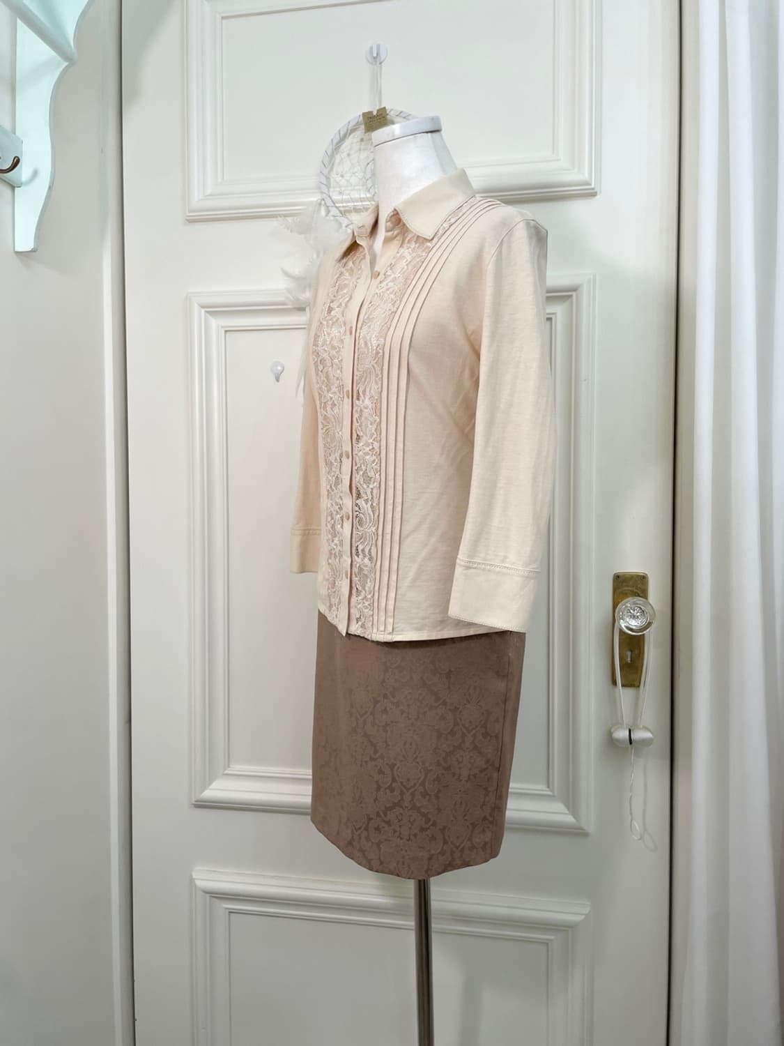 beige brown jacquard midi banding skirt 상품이미지7