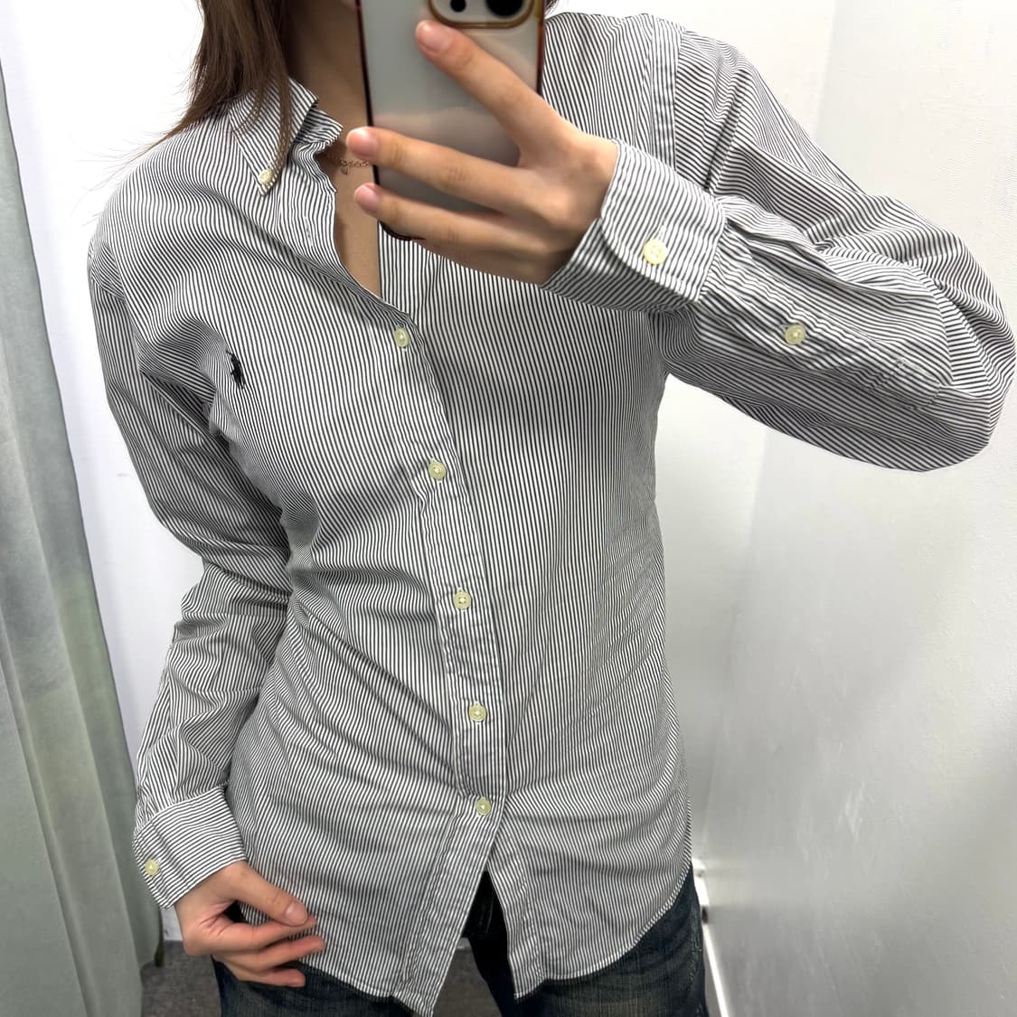 폴로 블랙화이트 스트라이프 슬림핏 셔츠 상품이미지1