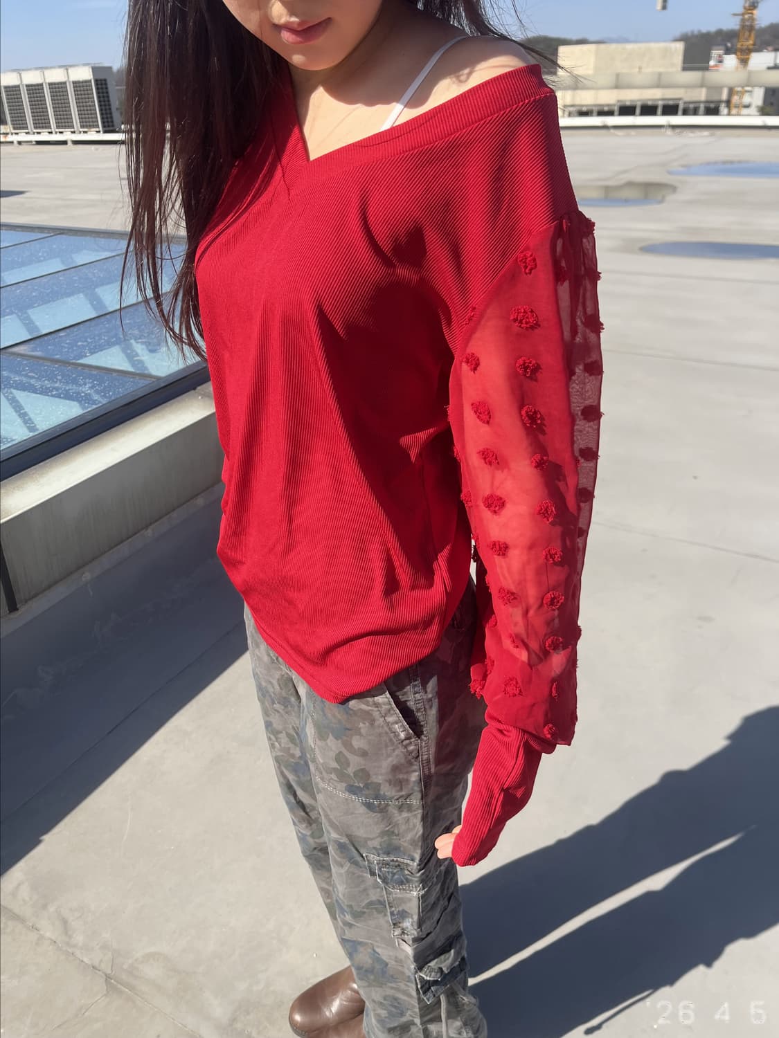 Red Sheer-sleeve Top 레드 쉬어슬리브 탑 상품이미지1