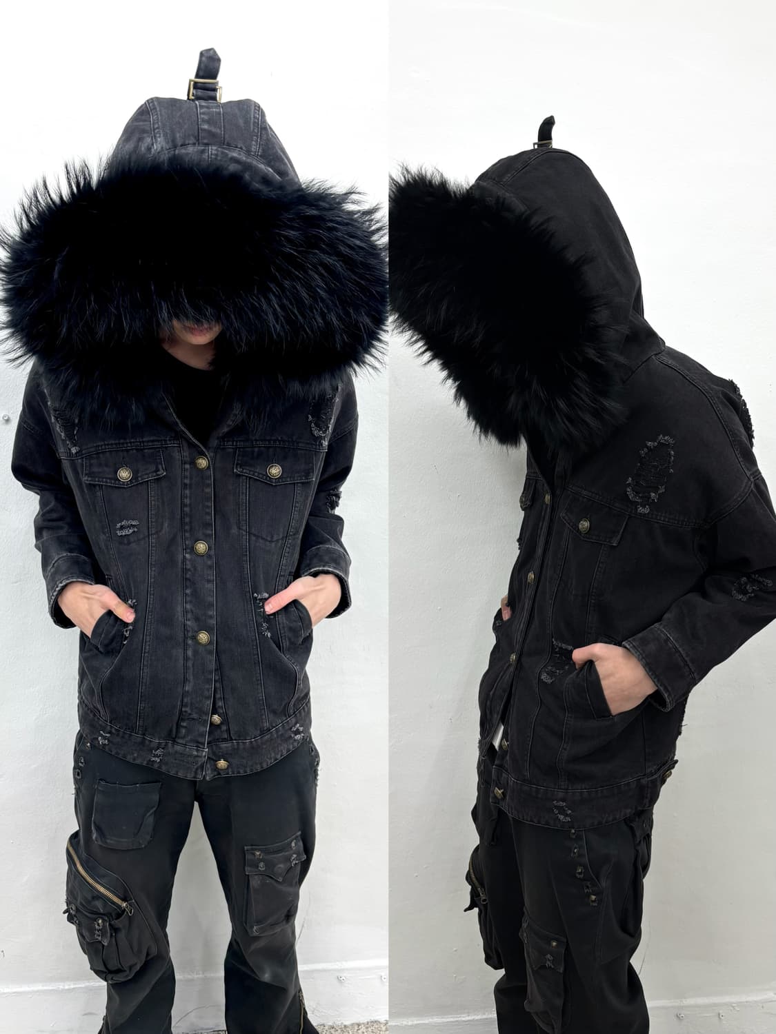 Fur trimmed distressed denim jacket  상품이미지1
