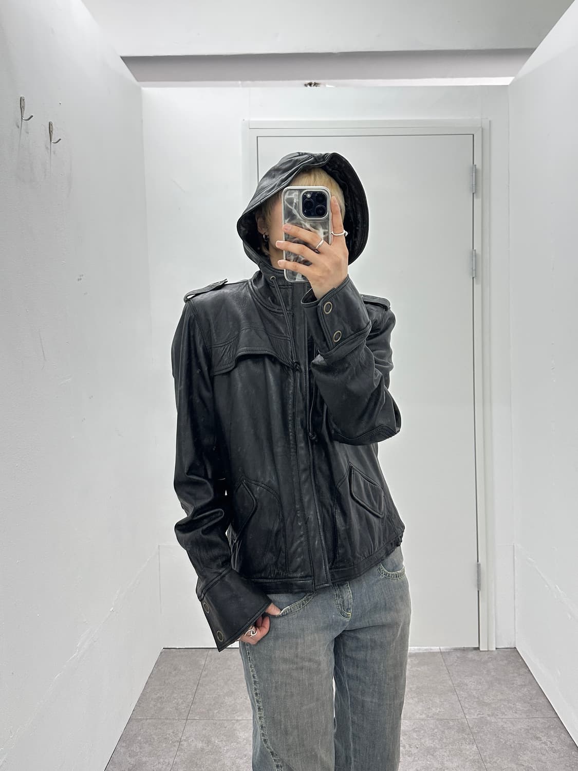 Sheepskin Cropped Hood leather jacket 상품이미지7