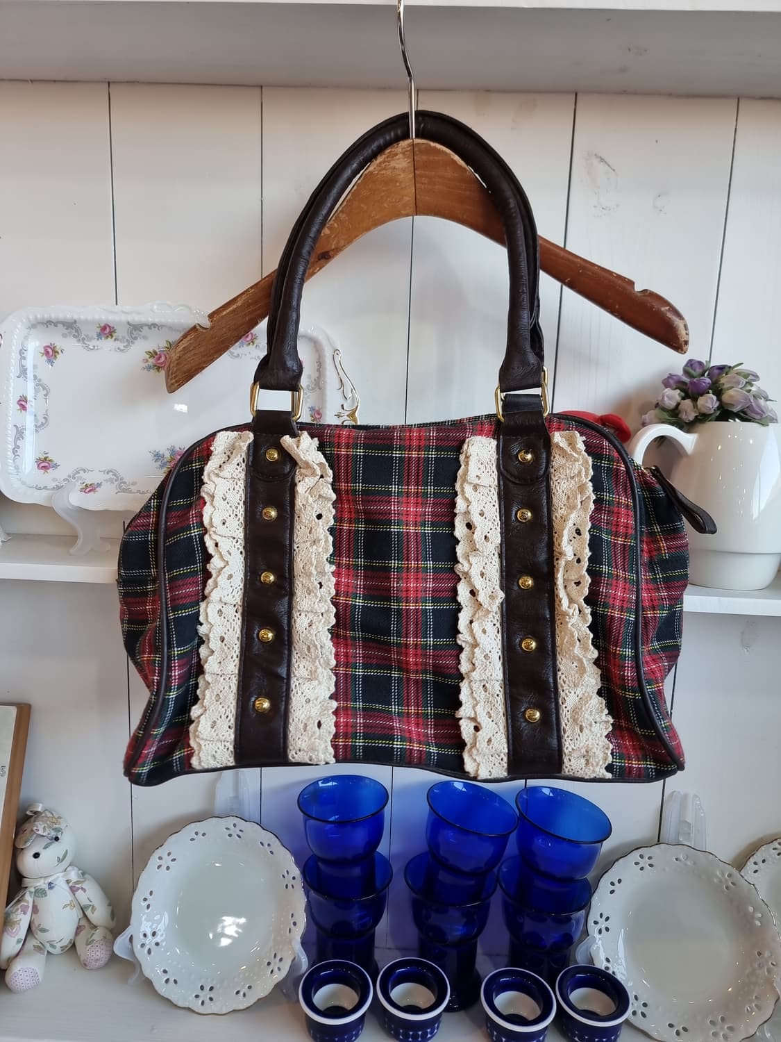 체크 숄더백 레이스 장식 가방 상품이미지4