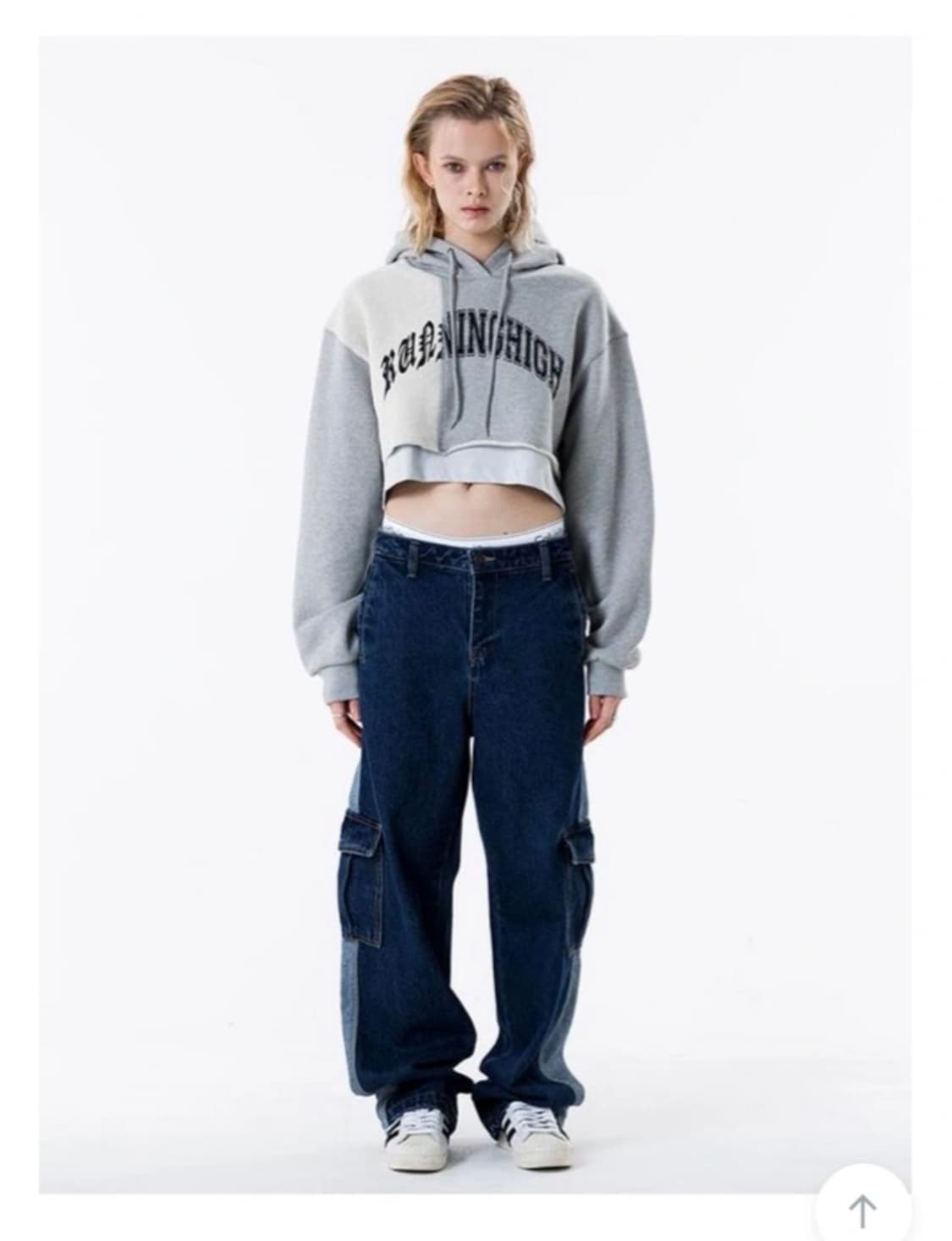 러닝하이 아치 로고 레이어드 크롭 후디 후드 [회색] 상품이미지5