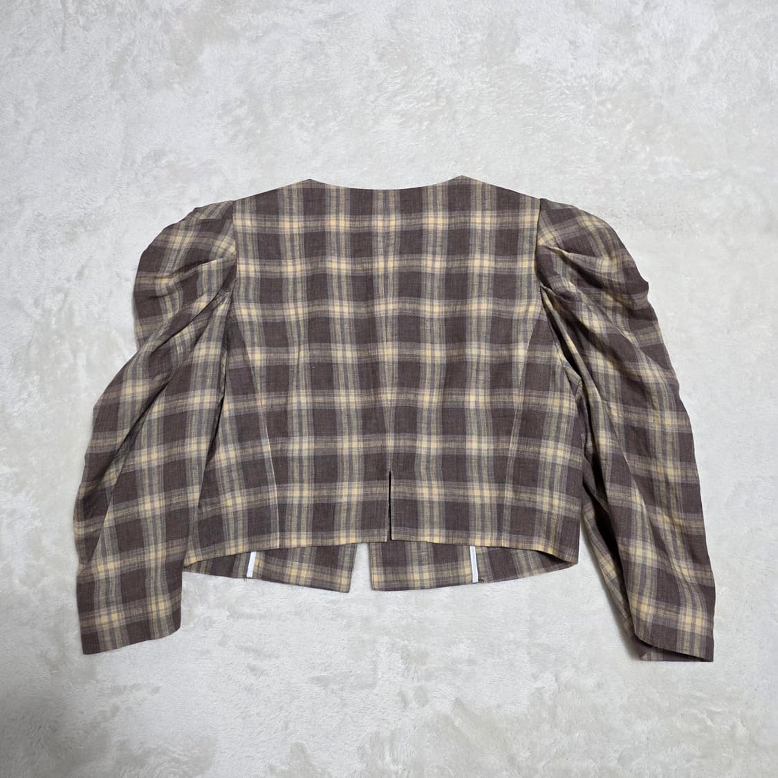 (F)여성 JS뉴욕 퍼프 셔링 슬리브 린넨 체크 자켓 상품이미지3