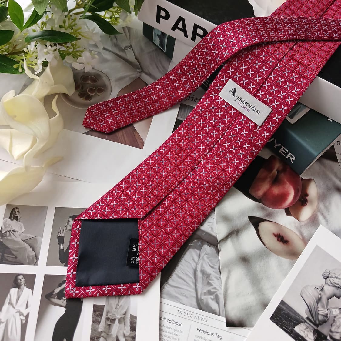 아쿠아스큐텀 실크 레드 패턴 넥타이 9.5cm S~A+등급 E901 상품이미지5