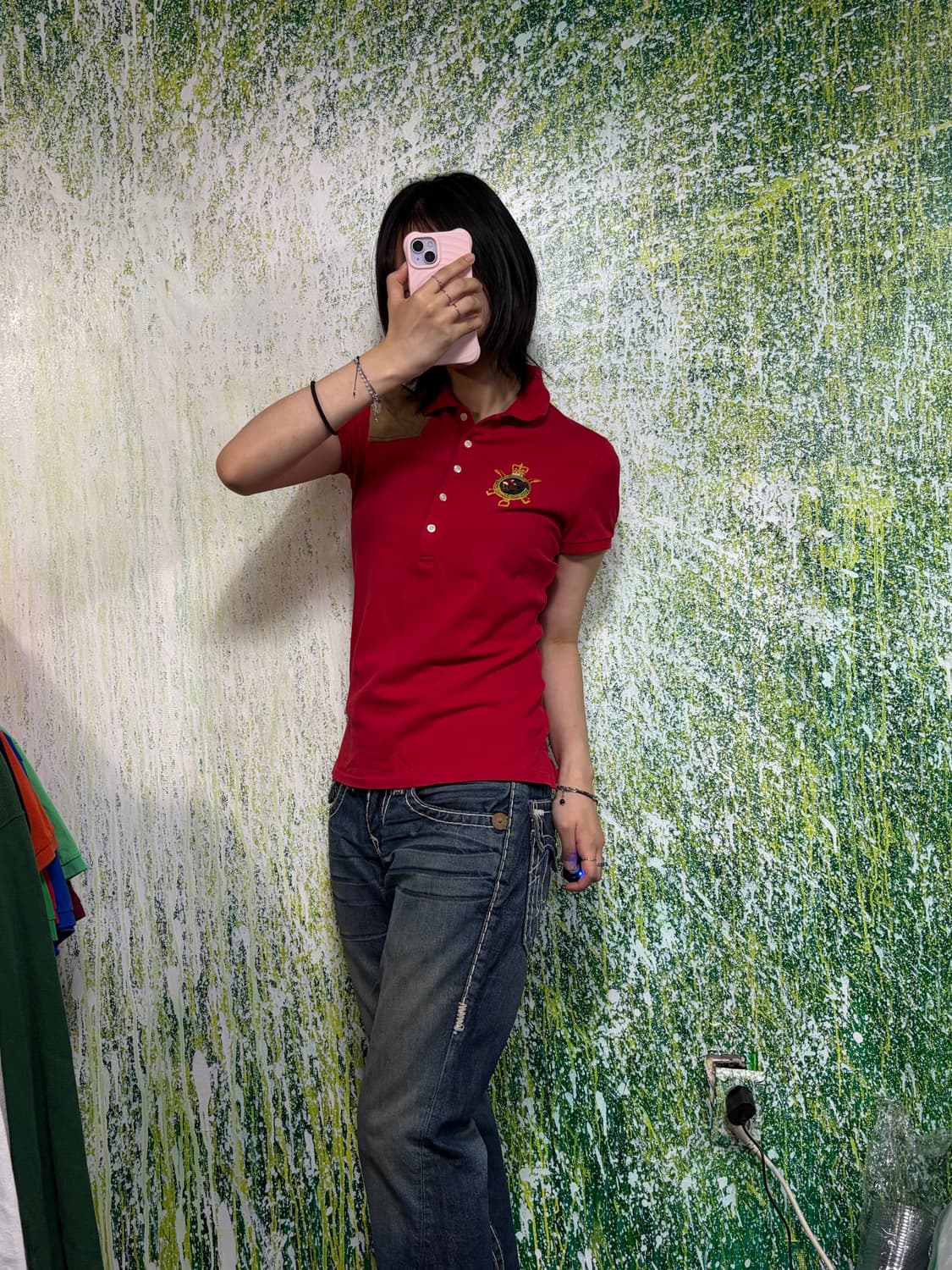 폴로 빅포니 치프키프 와펜 자수 로고 가죽패치 레드 카라 반팔 티셔츠 M 상품이미지4