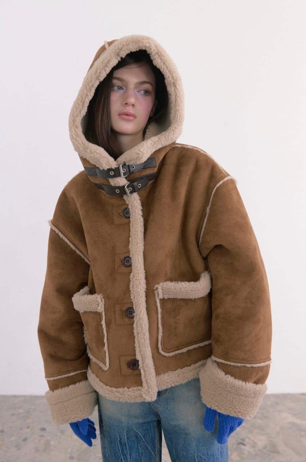 (이번주만 판매) (택O) (새상품) 더오유 빈티지 후드 무스탕 (카멜) 상품이미지1