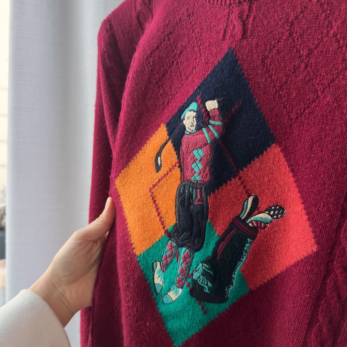 버버리 90s 골프맨 아가일 퓨어 램스울 니트 버건디 42사이즈 상품이미지5