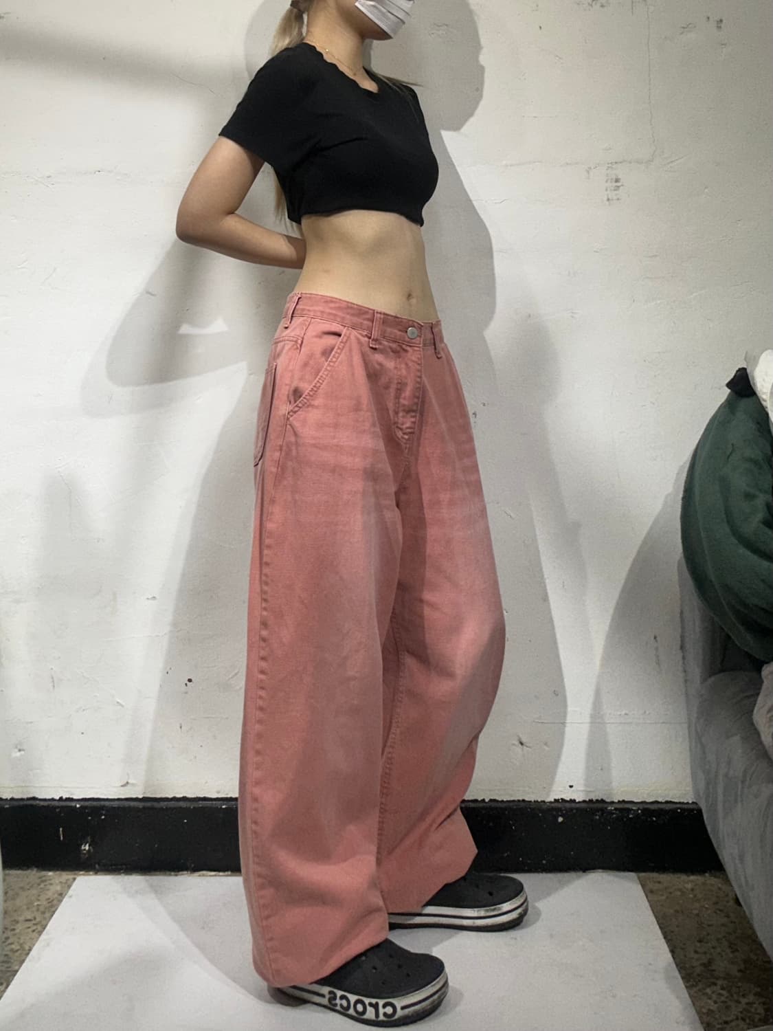 빈티지 Lab 핑크 와이드 데님 팬츠 벌룬 청바지 S 상품이미지1