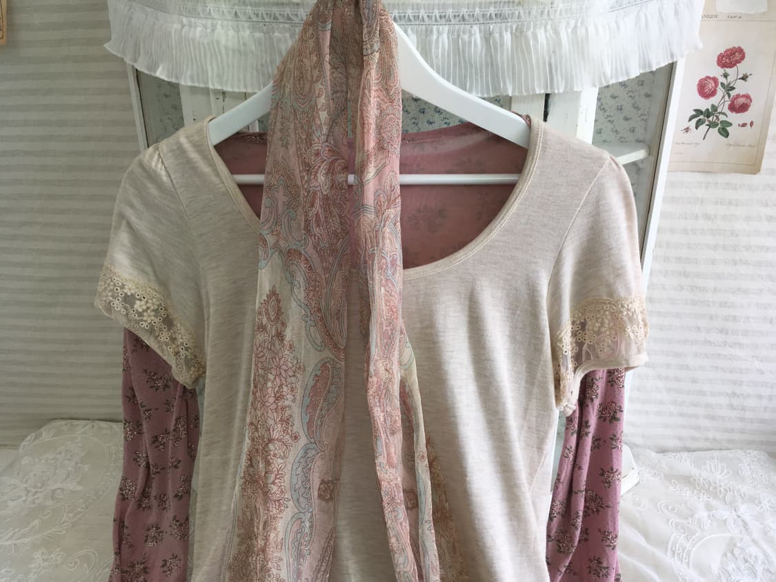 Set)핑크 도트 잔꽃 롱슬리브 + 레이스 퍼프 반팔 + 실크머플러 상품이미지7