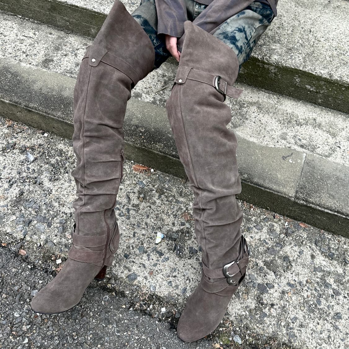 리얼 스웨이드 오버니 롱 버클 웨지 부츠 상품이미지7