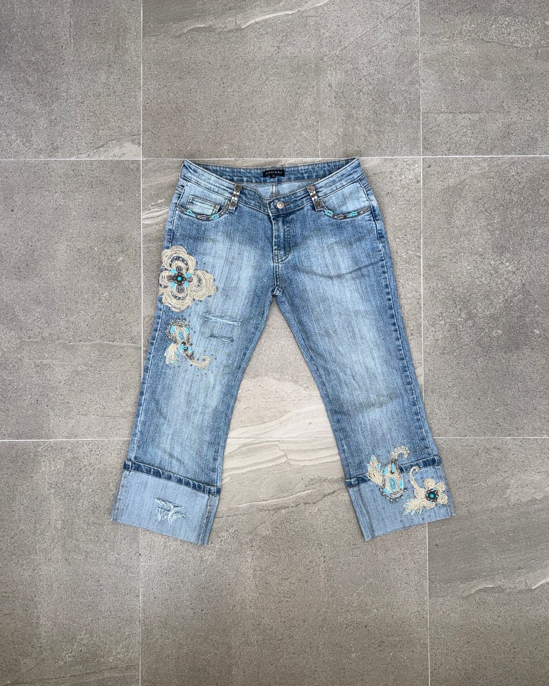 Washing denim fairy embroidered capri pt 상품이미지1