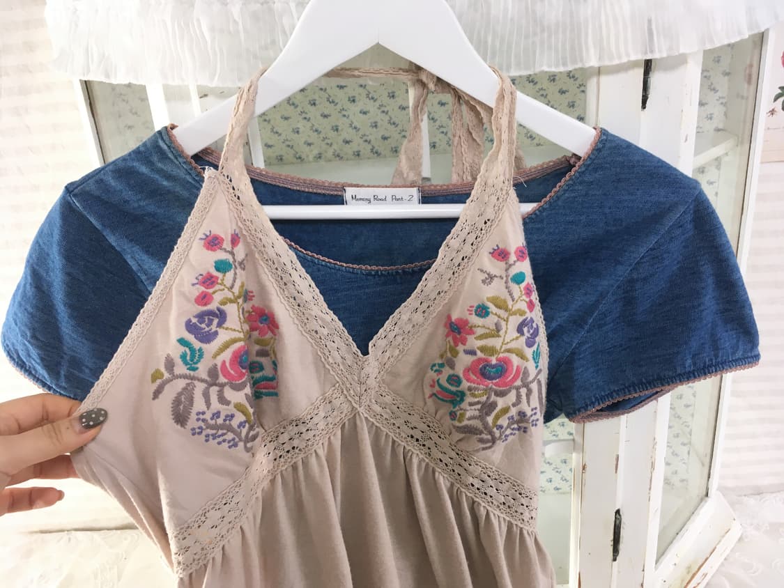 Set)블루 퍼프 반팔 + 하구미 자수 잔꽃 홀터 나시 상품이미지6