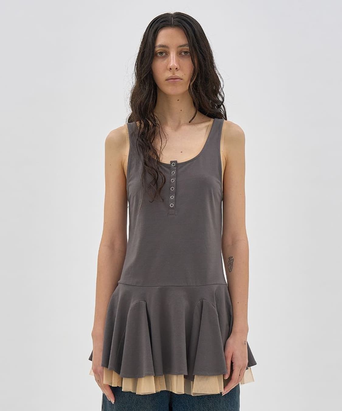 파르티멘토)차콜 콘트라스트 버튼업 레이어드 플레어 미니원피스발레코어빈티지 상품이미지1