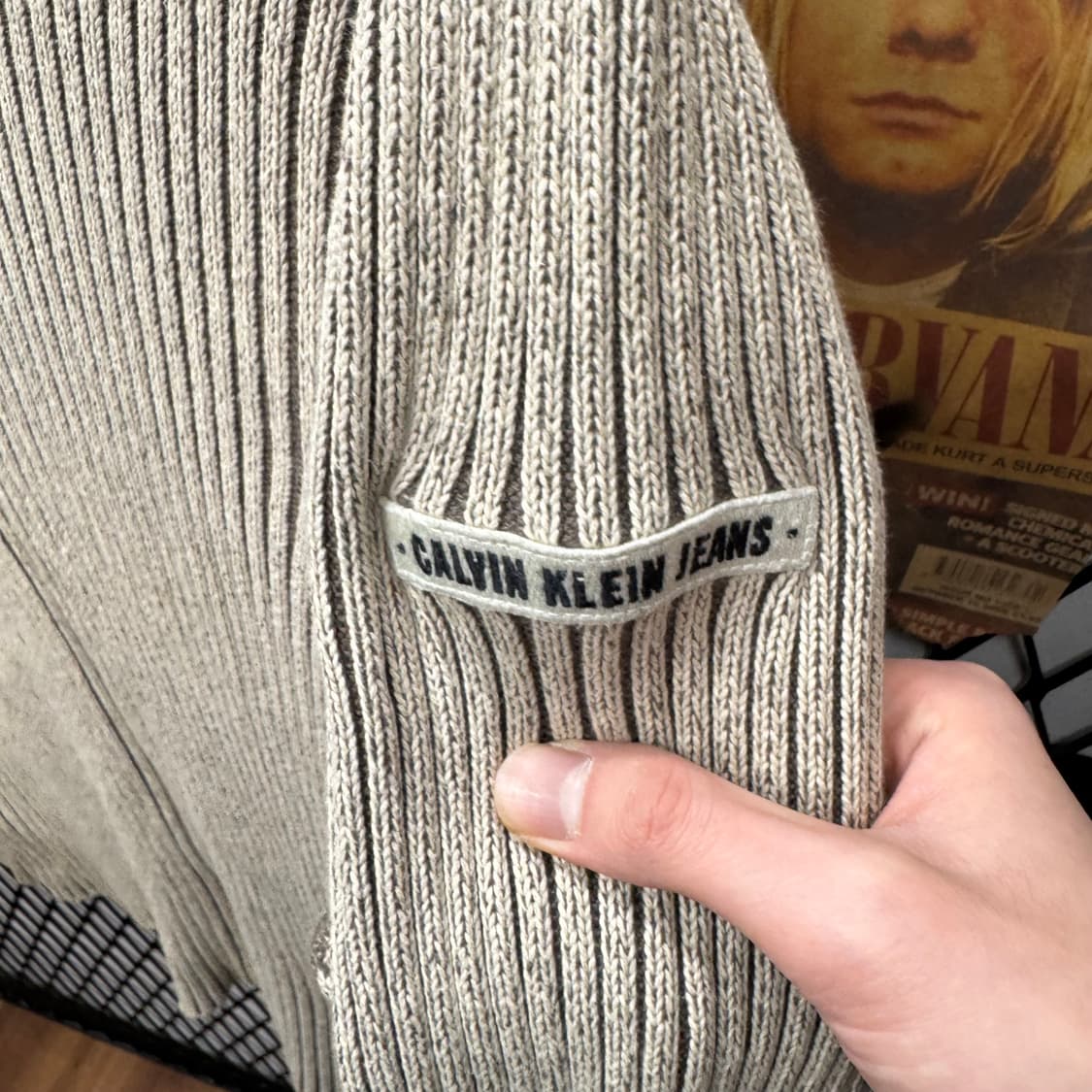 00s 캘빈클라인 진스 니트 집업 하이넥 사이드 레터링 포인트 베이지 상품이미지5