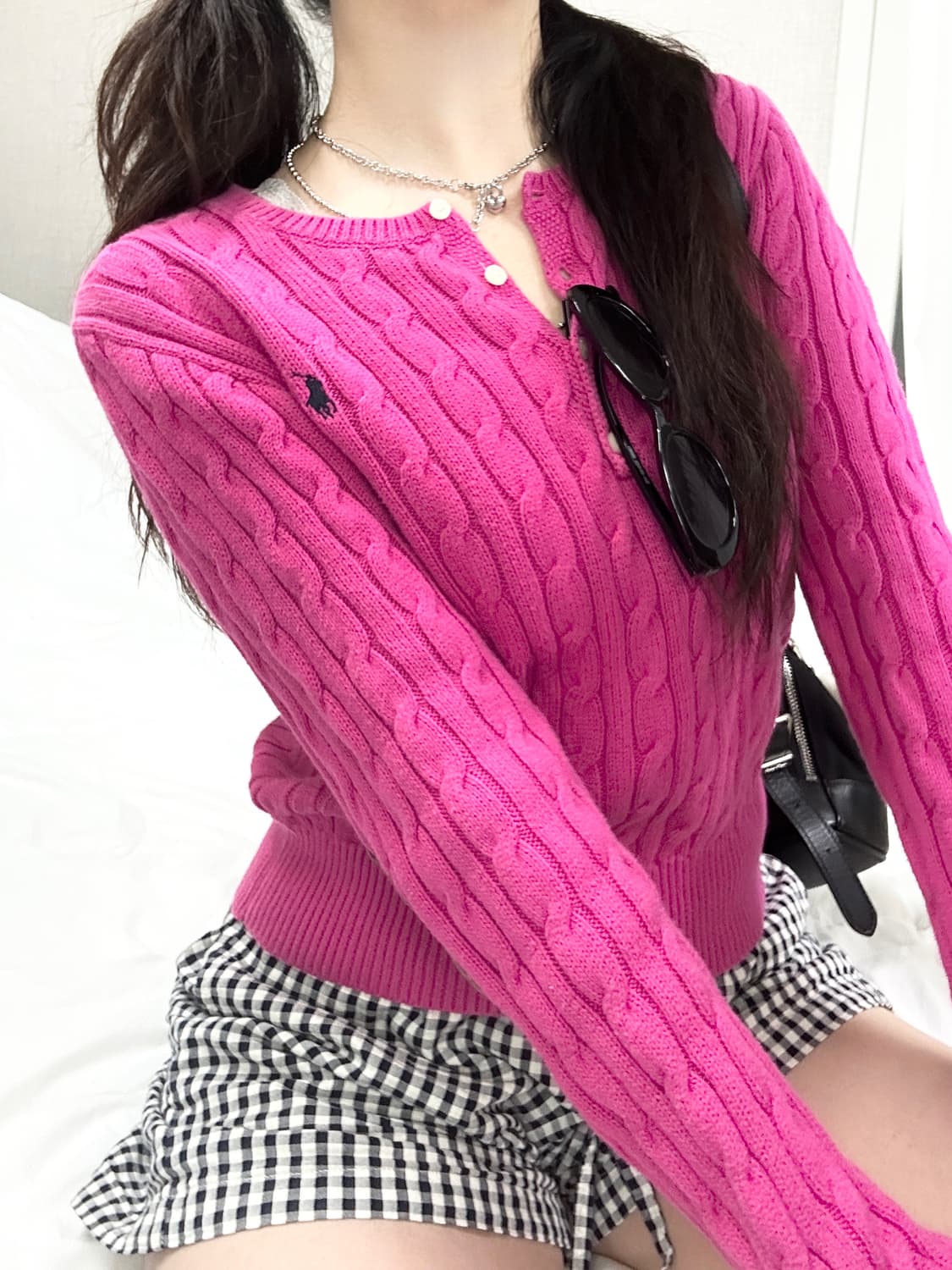 폴로 마젠타핑크 반버튼 케이블니트 상품이미지3