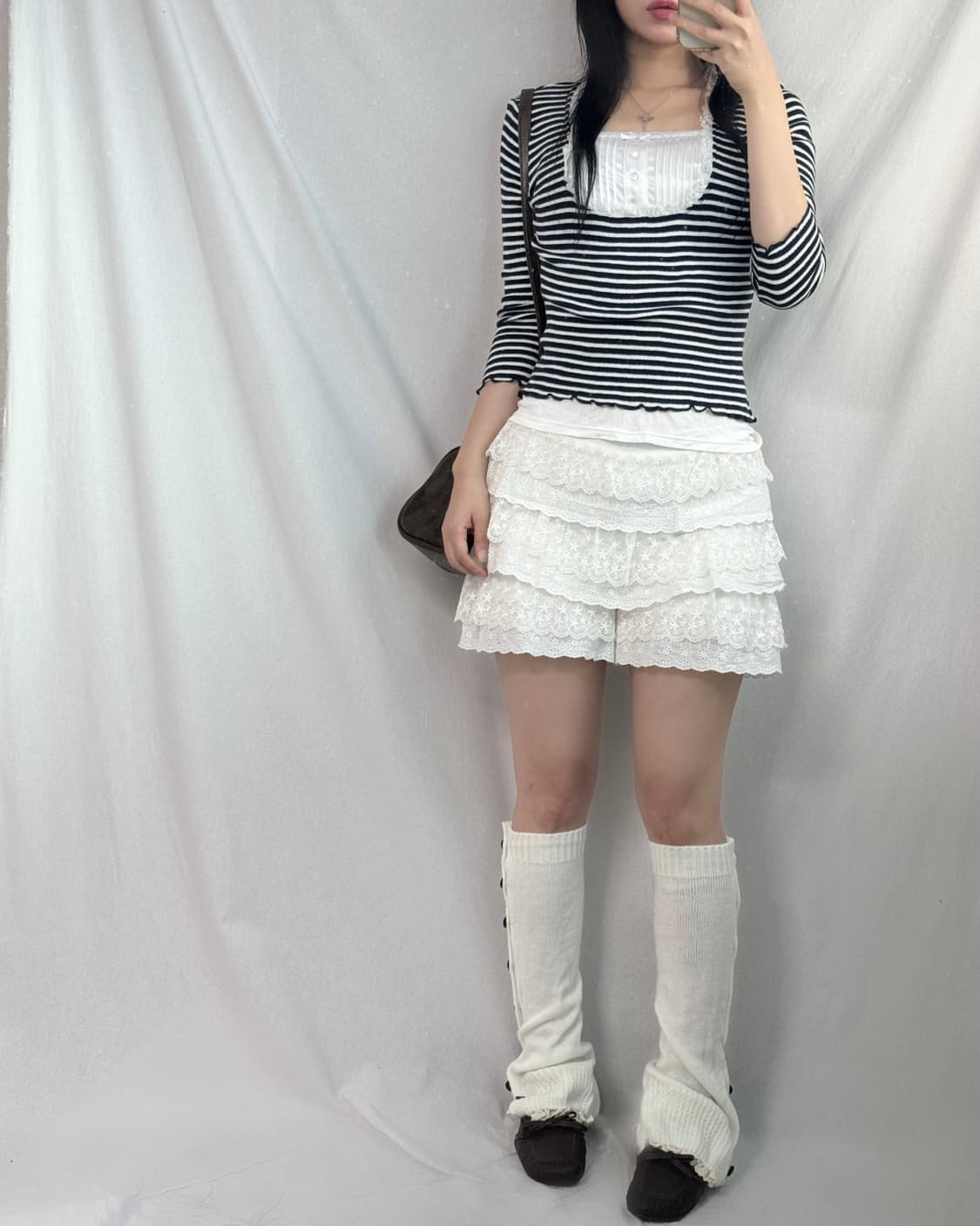 레이어드 버튼 넥 탑 레이스 프릴 큐롯 팬츠 2pcs SET 상품이미지2