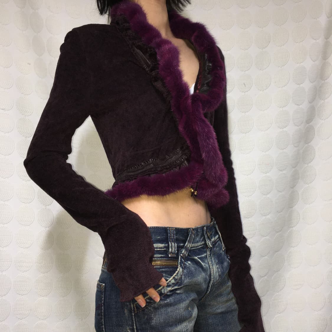 2000s 로베르토 카발리 레더 밍크 가디건 상품이미지2