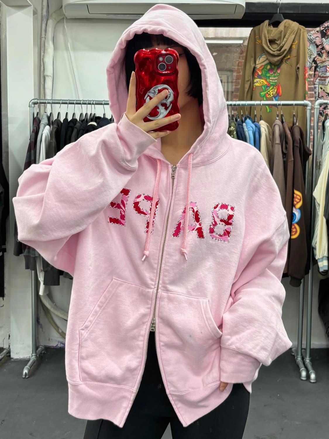 베이프 크리스탈 카모 로고 핑크 후드집업 상품이미지1