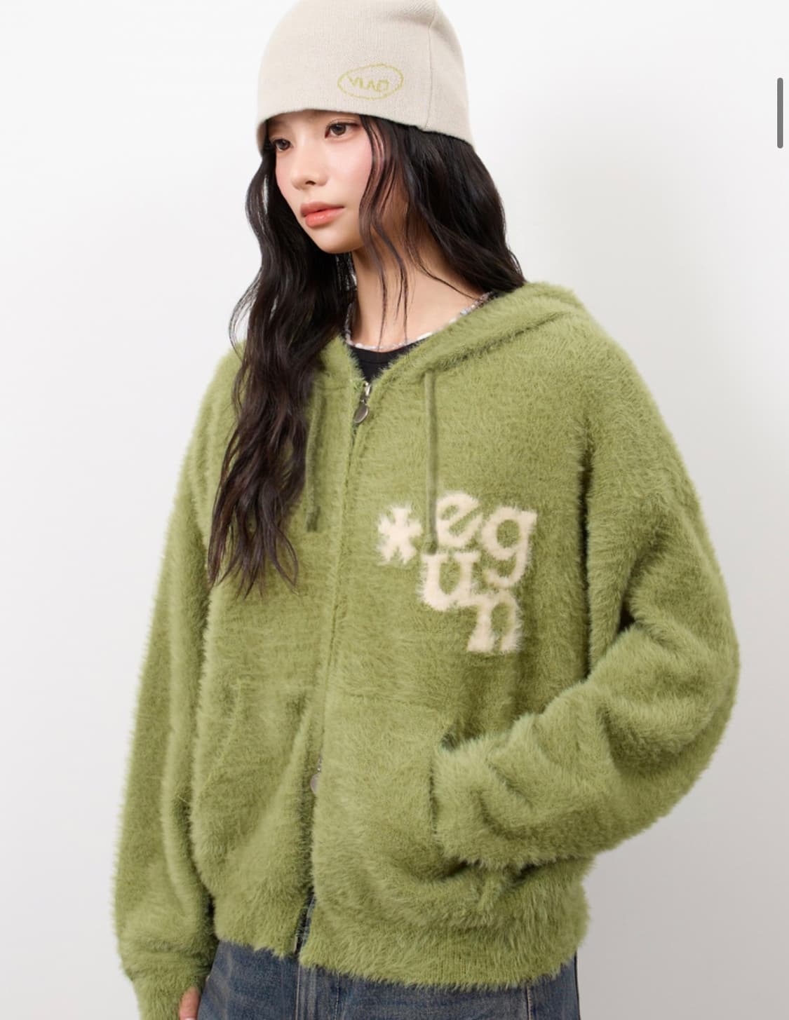[유젠] EUG 헤어리 니트 후드 집업 (Green/사이즈2) 상품이미지5