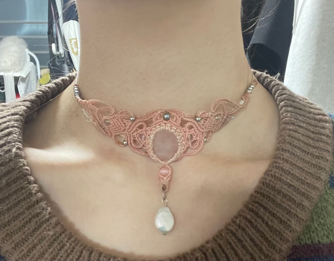 마크라메로만 올핑크 천연 로즈쿼츠 초커 목걸이 진주 펄 상품이미지10