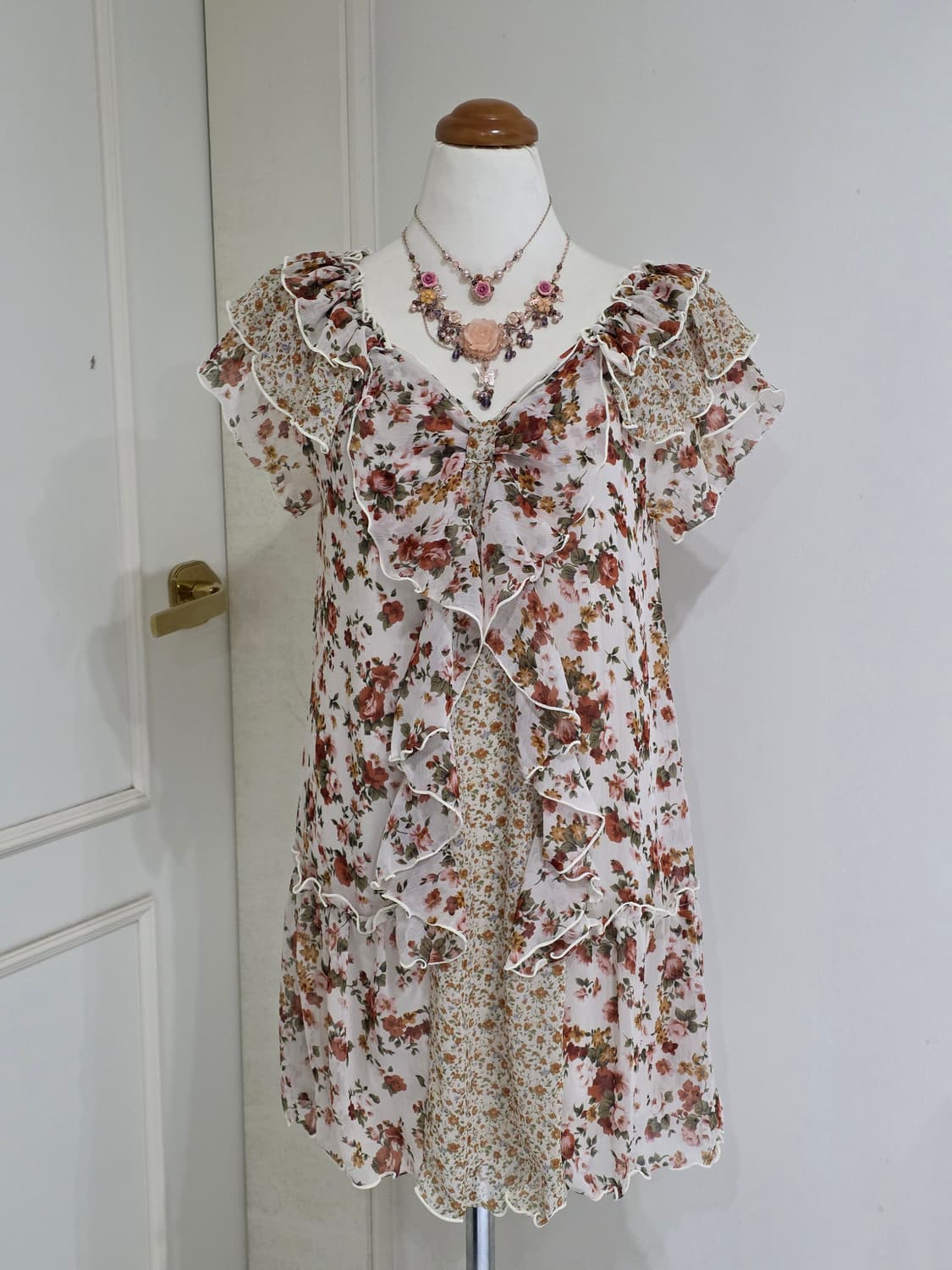 로사체리 일본빈티지)빅리본 스즈코모리걸 고전 로즈플로럴 프릴레이어드원피스 상품이미지2