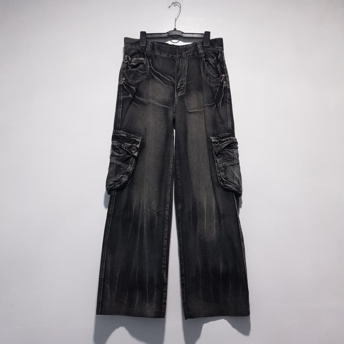 ENGEIN 엔게인 워싱 카고 멀티포켓 와이드 탄창 흑청 데님 팬츠 32 상품이미지1