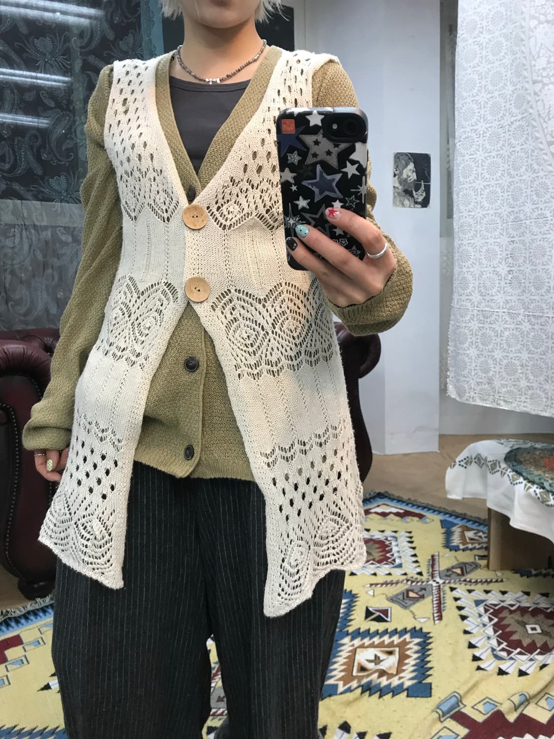 빈티지 여성 그물 니트 롱 베스트 상품이미지1