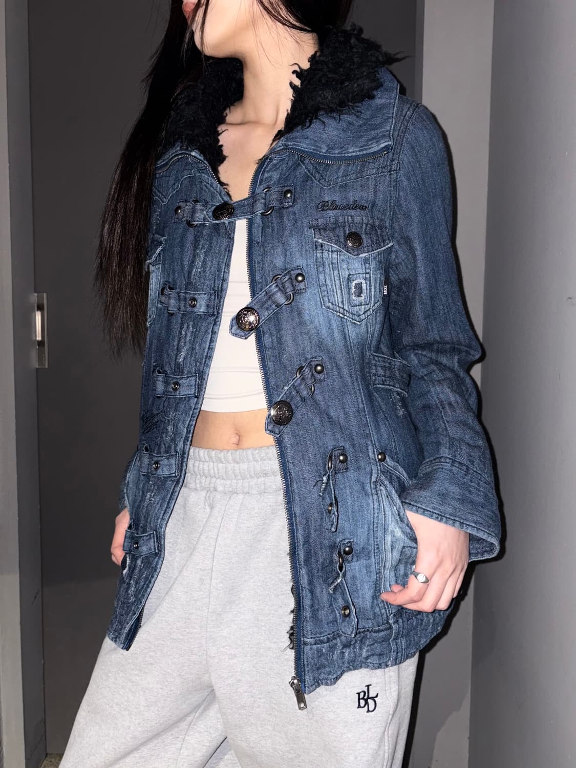 빈티지 스냅 데님 무스탕 상품이미지1