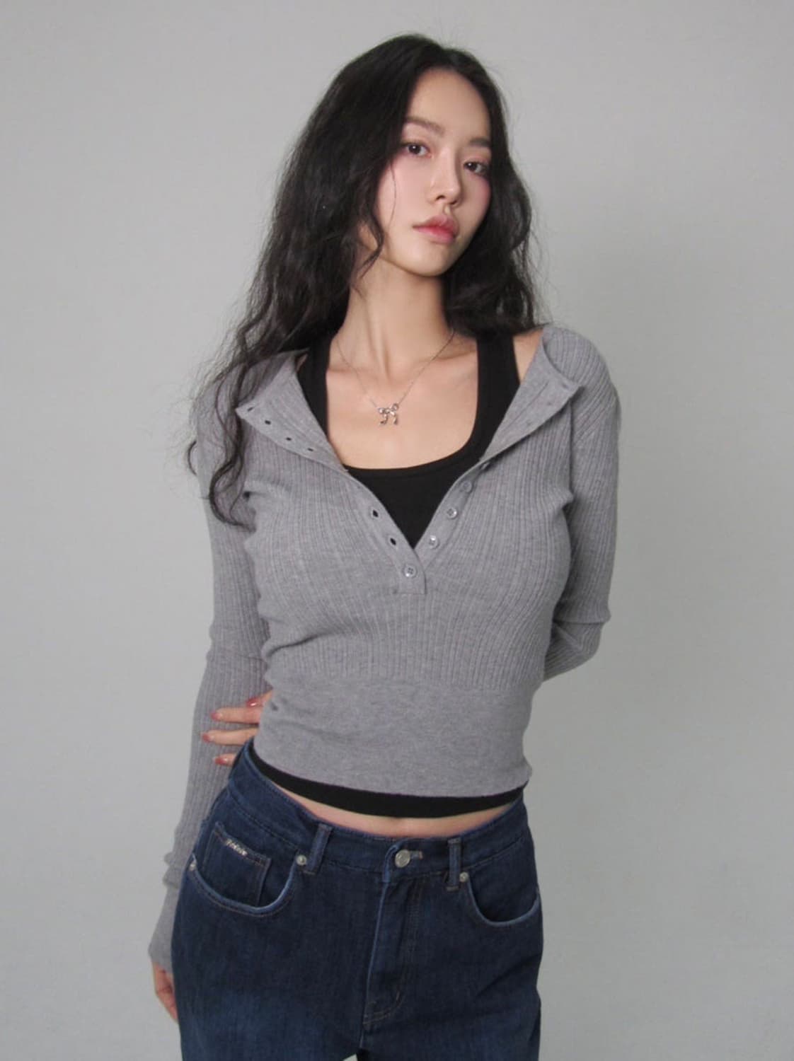 페일제이드 버튼 리브드 니트 탑 핑크 상품이미지6