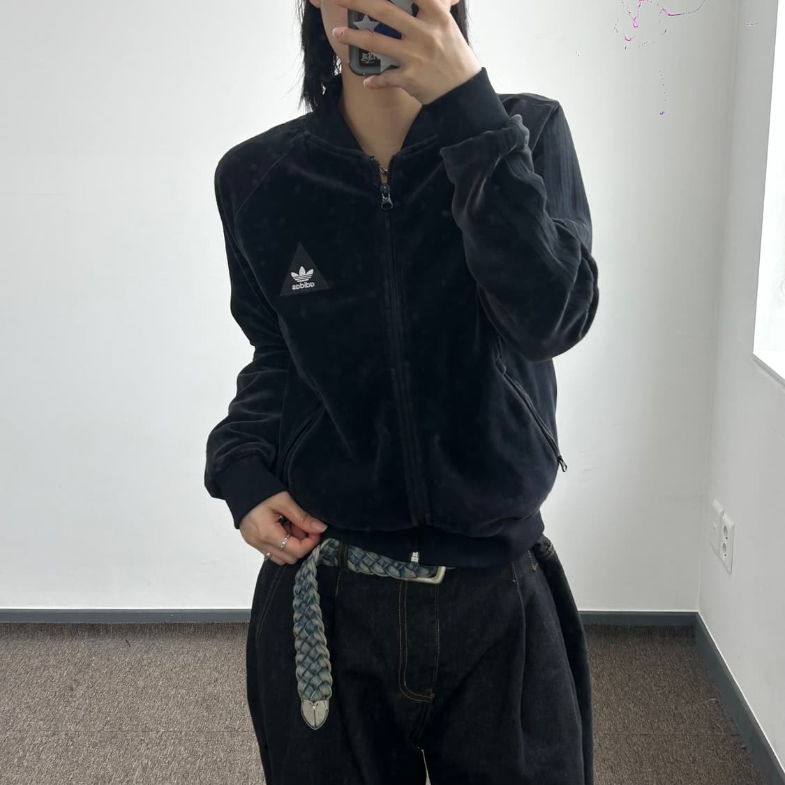 Adidas 파이어버드 로고 블랙 벨벳 집업  상품이미지1